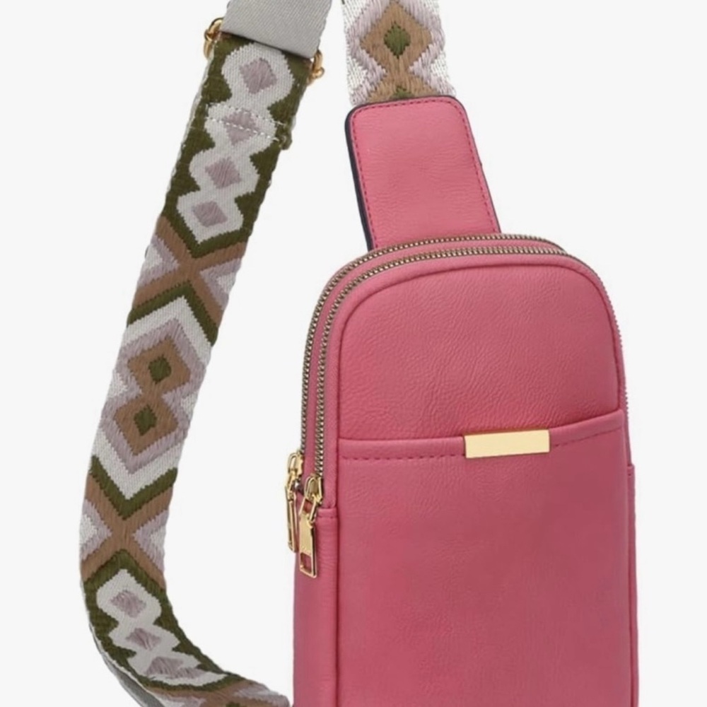 Pink Crossbody Bag with Patterned Strap